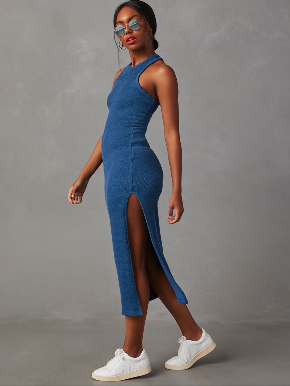 VICI Sleeveless Rib Knit Midi Dress in Blue - Picture 3 of 5